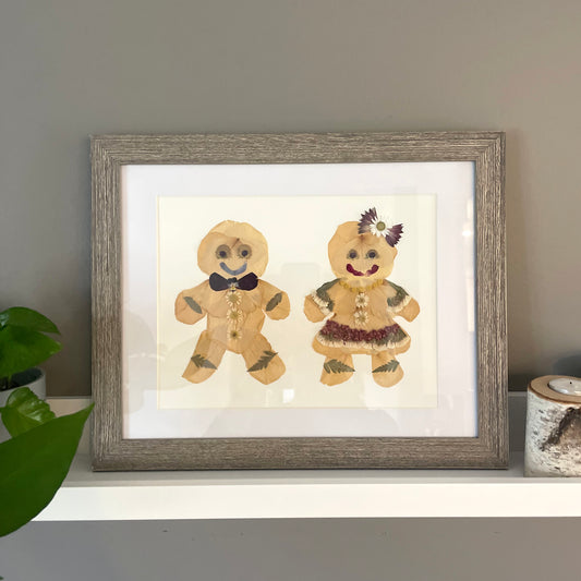 Gingerbread Friends, Holiday Art - Original Pressed Flower 8x10"