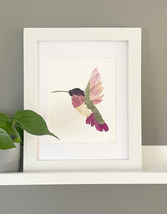 Hummingbird, Pressed Flower Original Artwork- 8x10" Framed