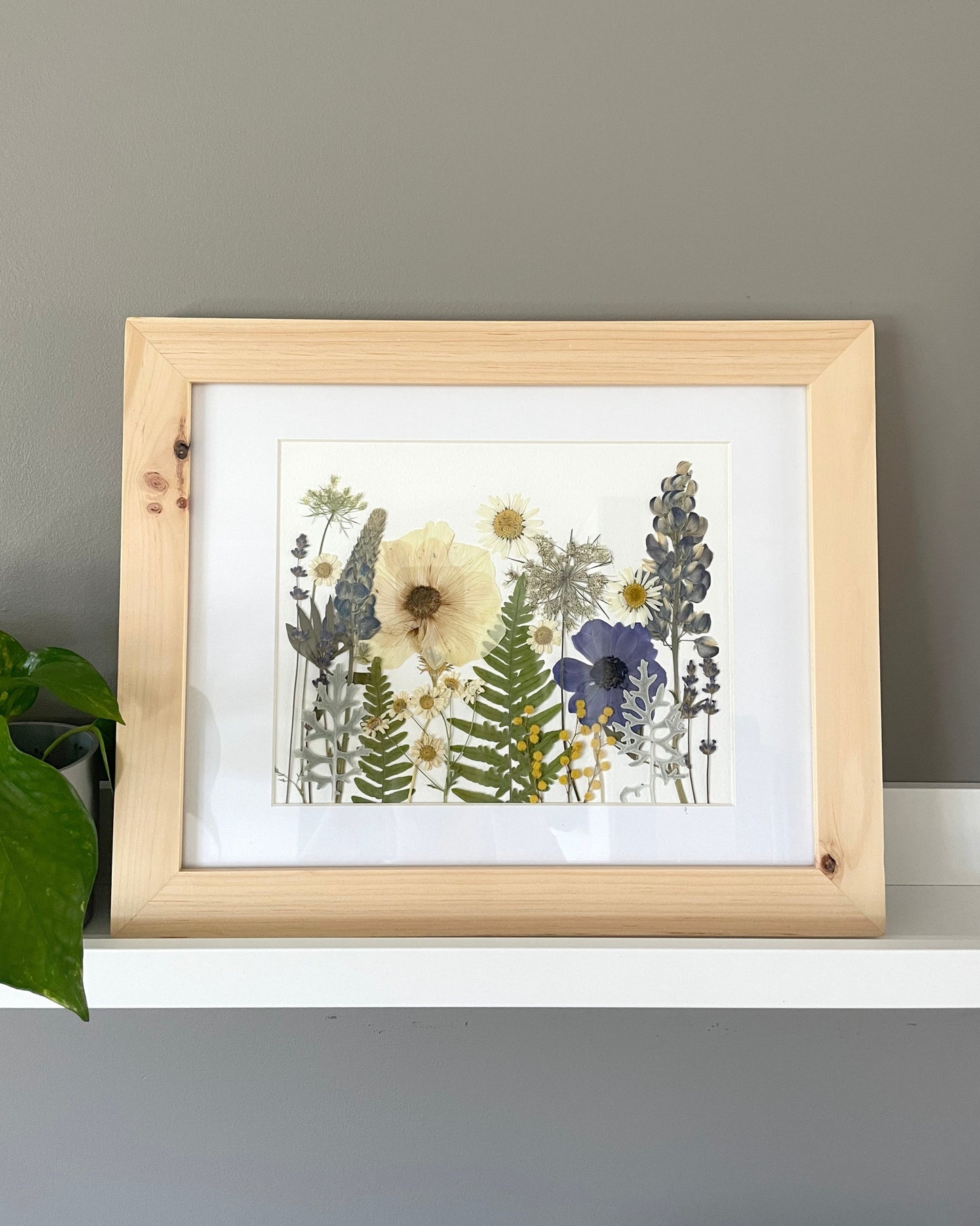 Garden Pressed Flower Blue & White - Original Artwork 8x10" Framed