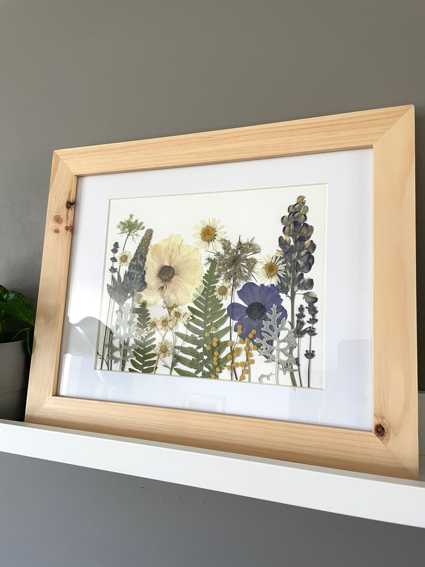 Garden Pressed Flower Blue & White - Original Artwork 8x10" Framed