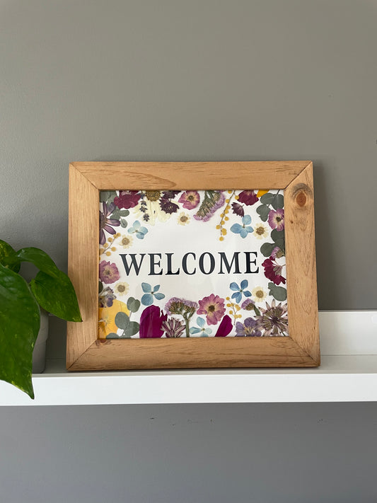 Welcome Sign, Real Pressed Flower - Original Art 8x10