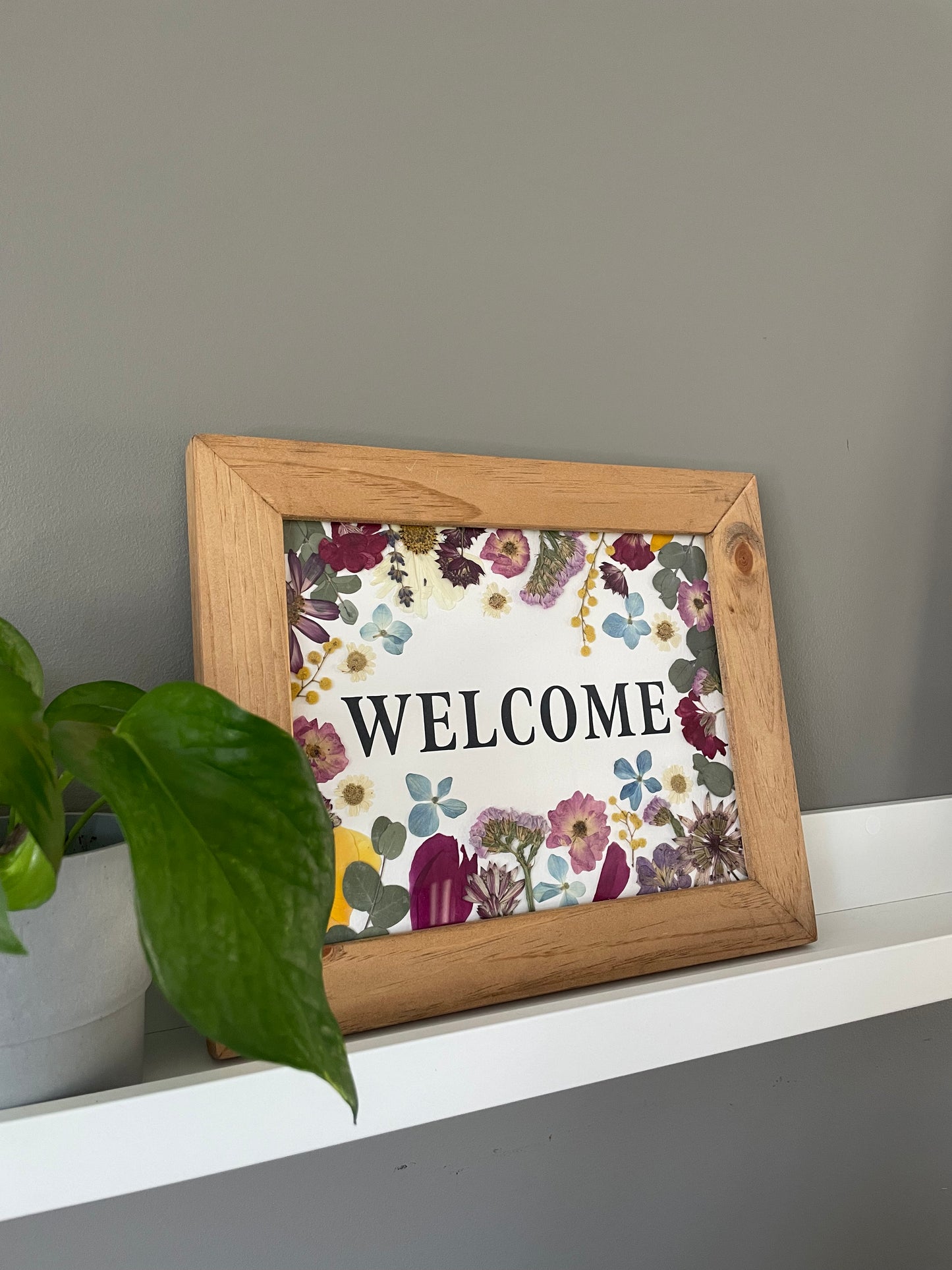 Welcome Sign, Real Pressed Flower - Original Art 8x10