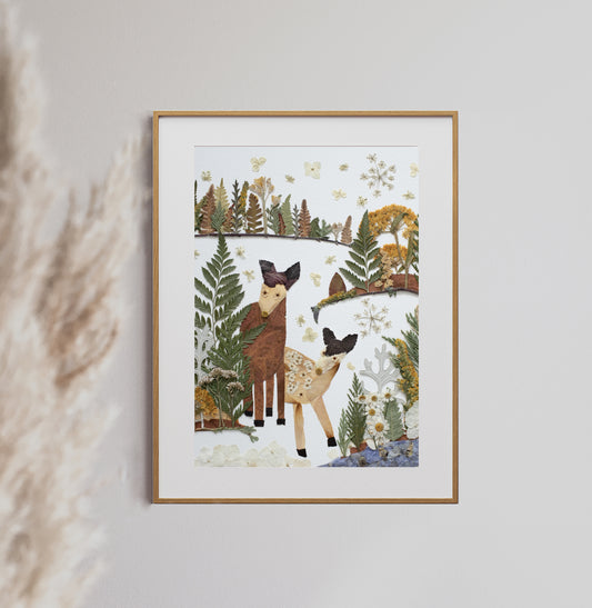 Deer Folk Art Winter Scenery, Pressed Flower Art Print