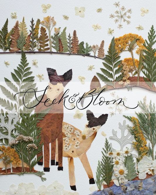 Deer Folk Art Winter Scenery, Pressed Flower Art Print