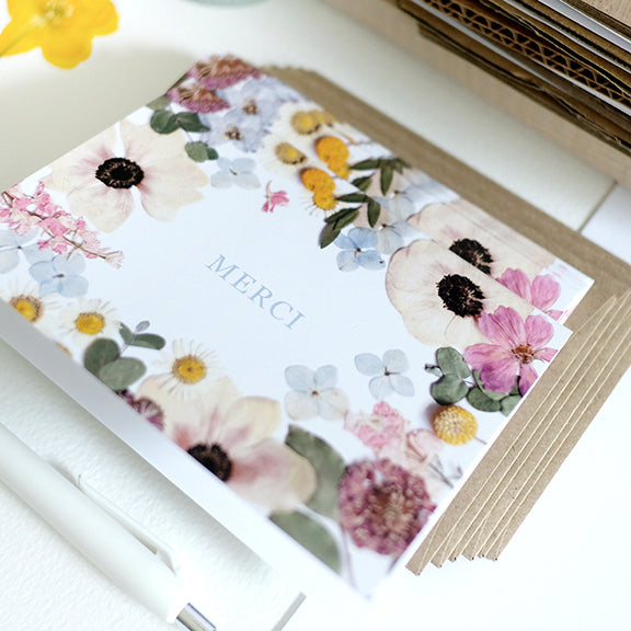 Merci, Flower Border, Note Card Set  French