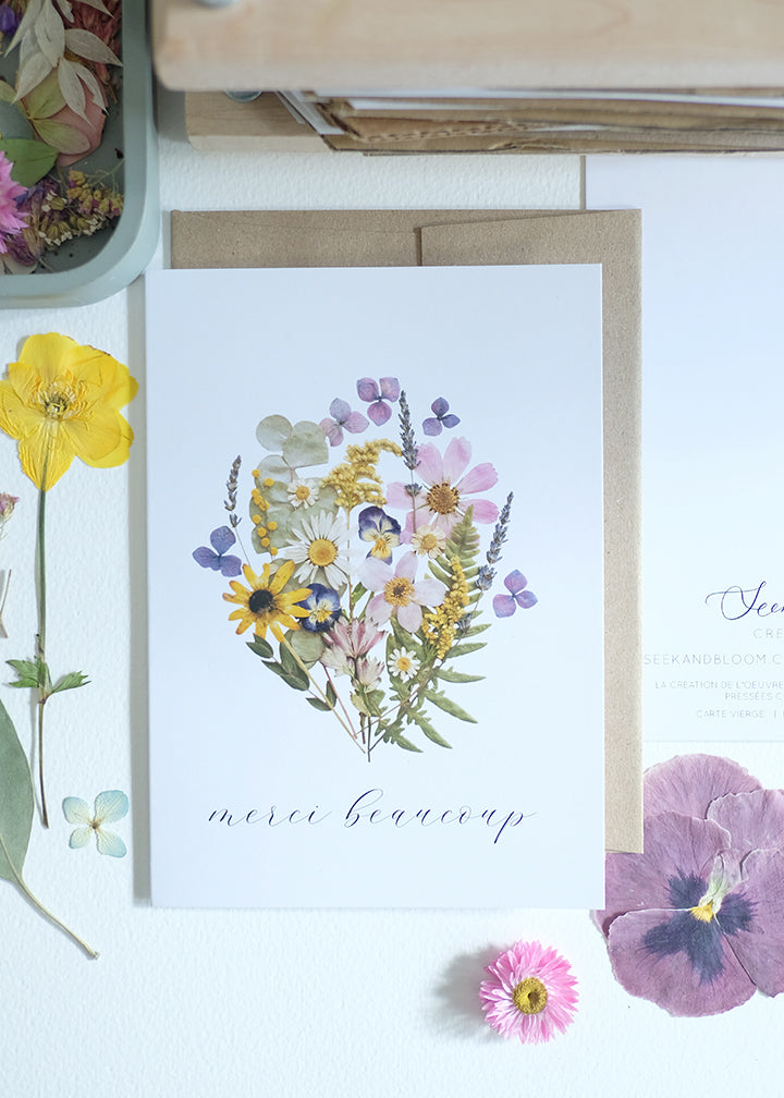 Merci Beaucoup, Pressed Flower Bouquet, Large Card French