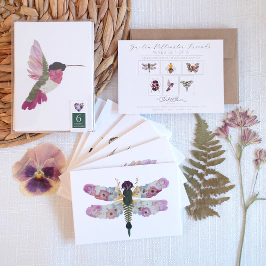 Mixed Pack, Garden Pollinator Friends, Pressed Flower, Note Card Set