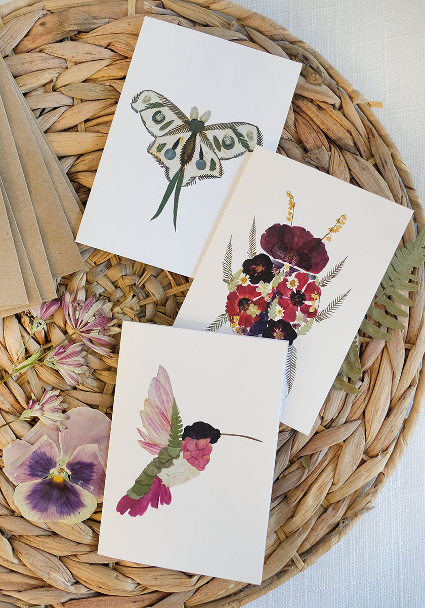 Mixed Pack, Garden Pollinator Friends, Pressed Flower, Note Card Set