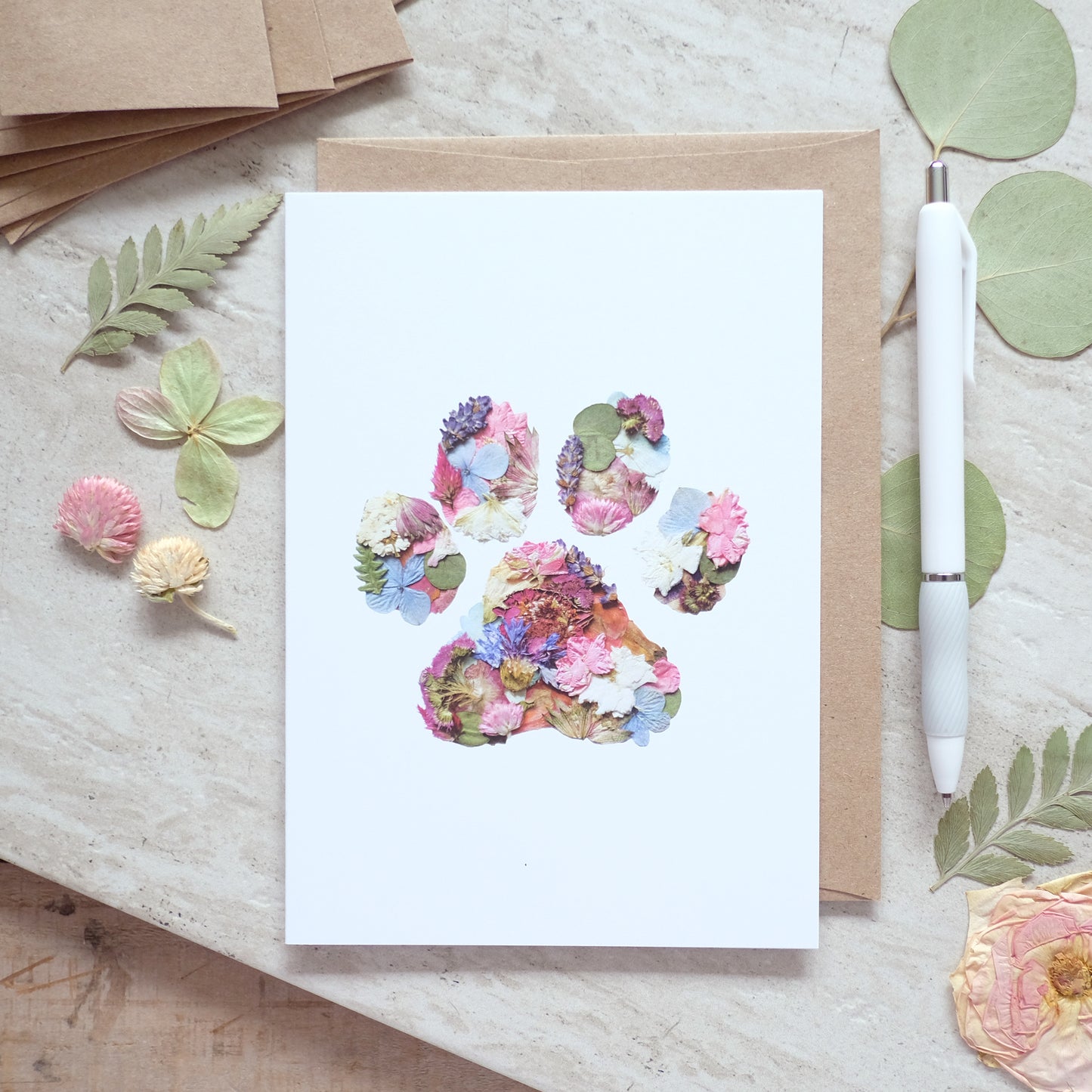 Paw Print Pressed Flowers, Pet Card
