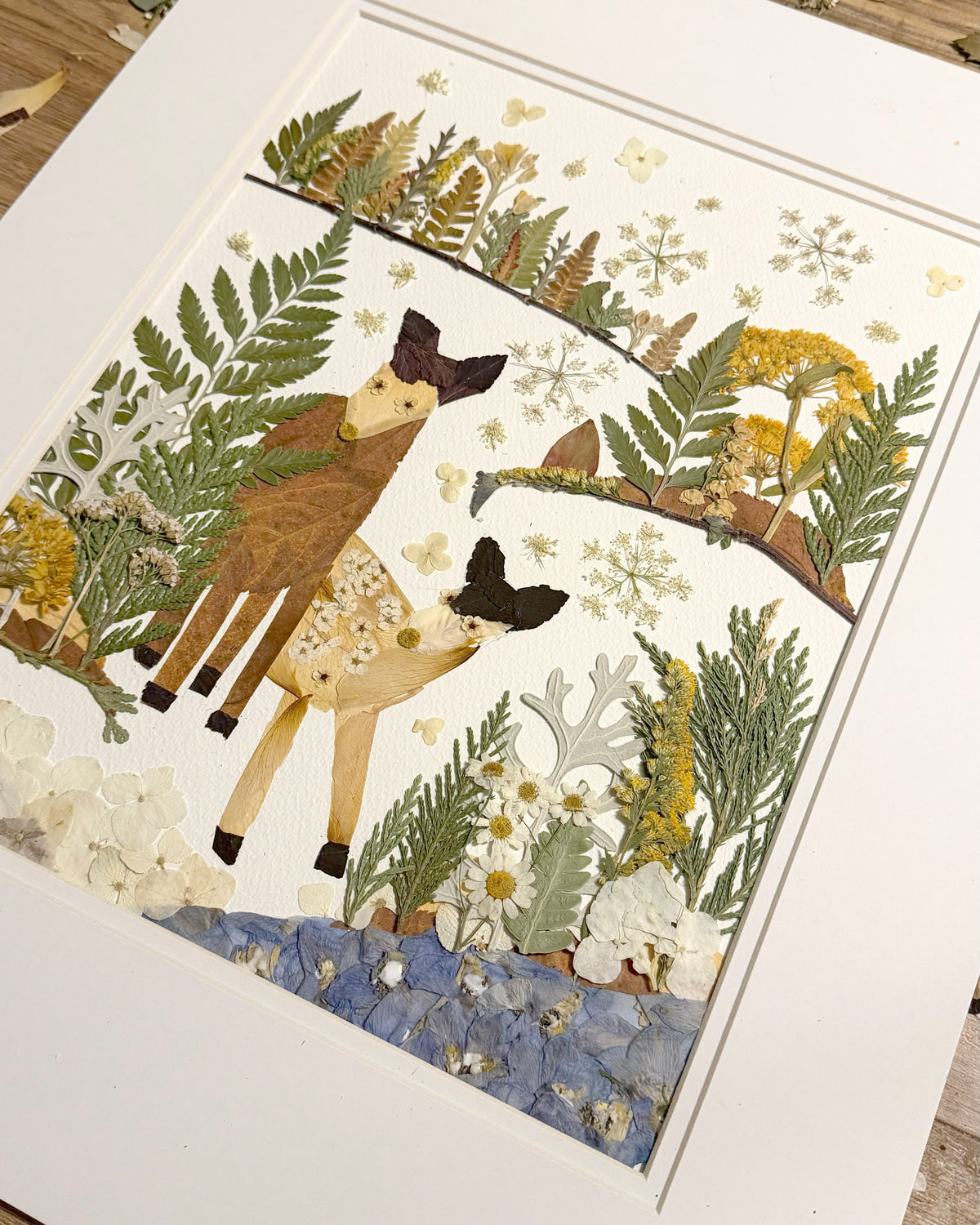 Deer Scenery, Maud Lewis Inspired - Original Pressed Flower Artwork Framed