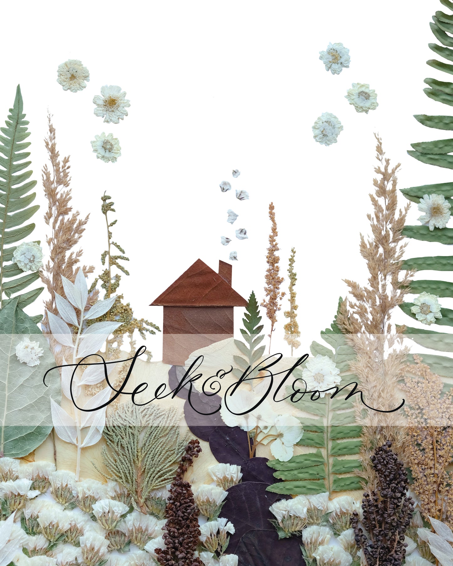 cozy winter nature scene with cabin made with flowers and leaves.