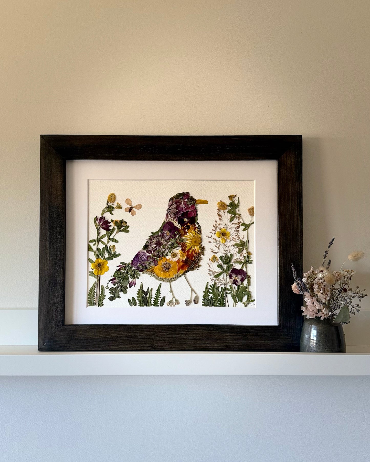 Spring Robin- Original Pressed Flower Artwork Framed