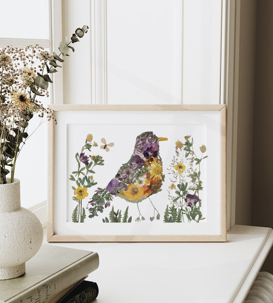 Robin Bird, Pressed Flower Art Print