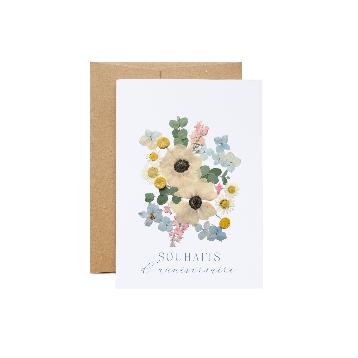 Souhaits d ’anniversaire, Pressed Flower Anemones, French Greeting Card