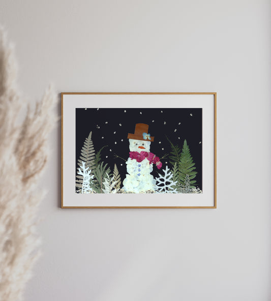 Snowman Scenery, Pressed Flower Art Print