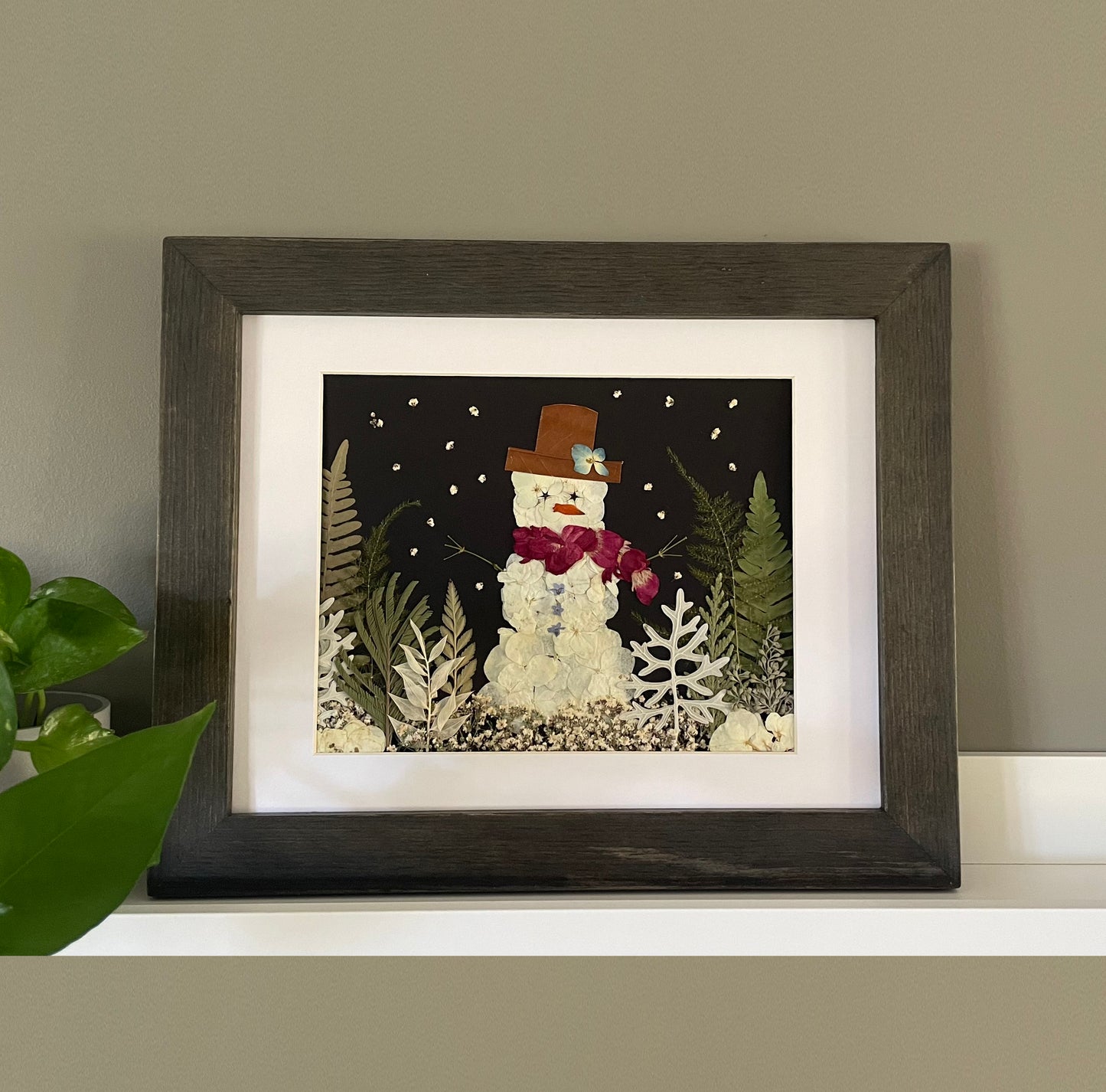 Snowman Scenery- Original Pressed Flower Artwork 8x10"