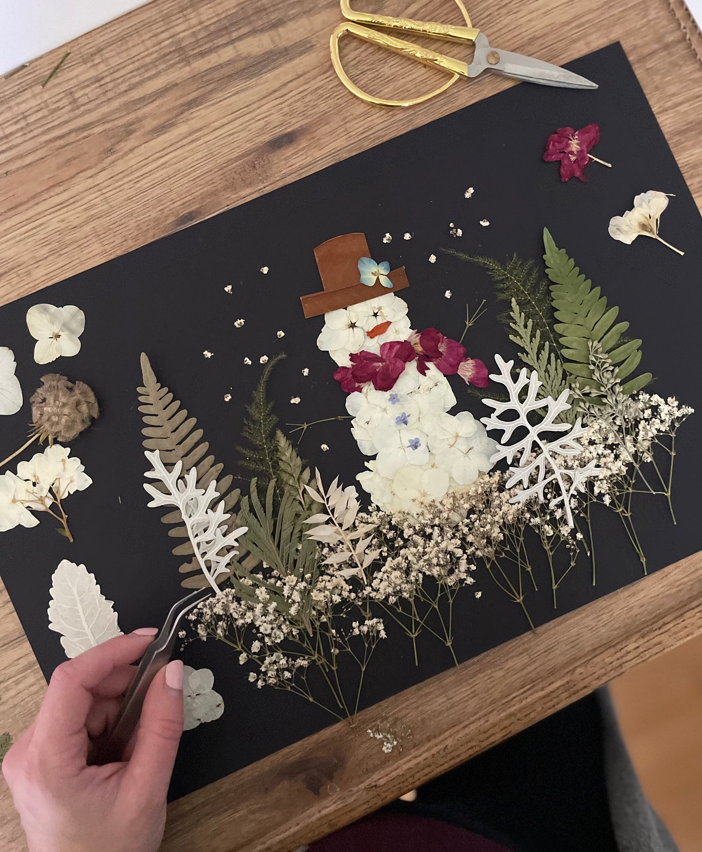 Snowman Scenery- Original Pressed Flower Artwork 8x10"