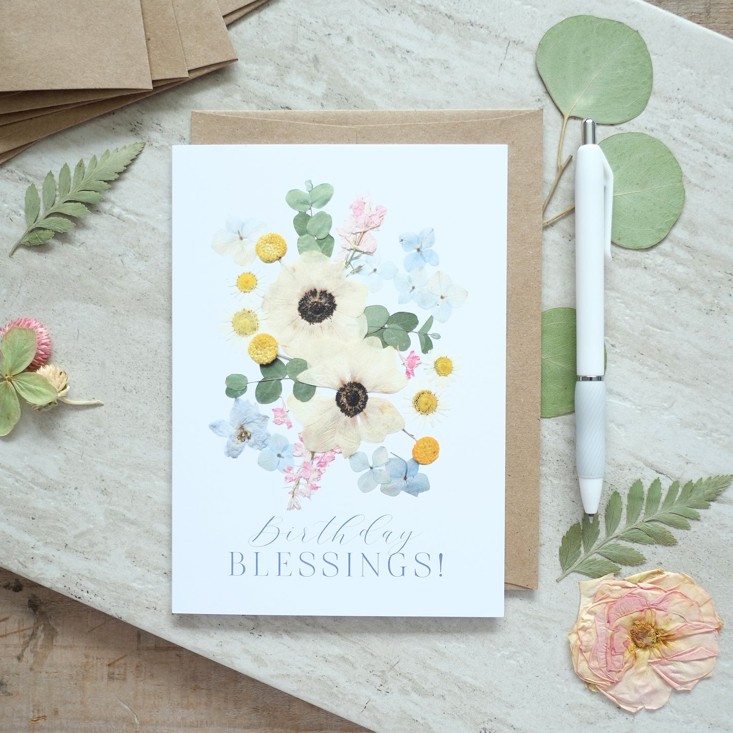 Birthday Blessings, Pressed Flower Anemones, Greeting Card
