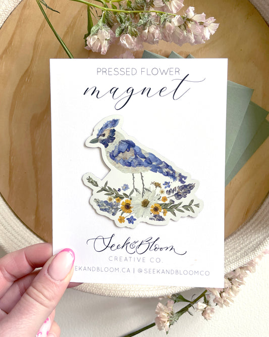 Blue Jay, Pressed Flower Art, 3" Magnet