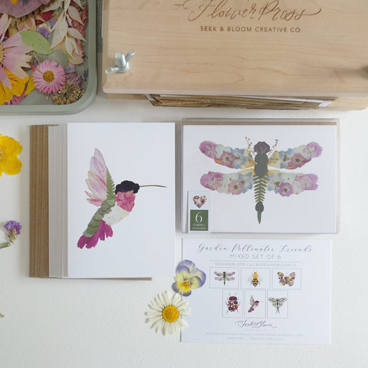 Mixed Pack, Garden Pollinator Friends, Pressed Flower, Note Card Set