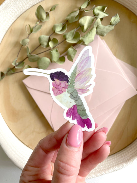 Hummingbird Pressed Flowers, Sticker 3"