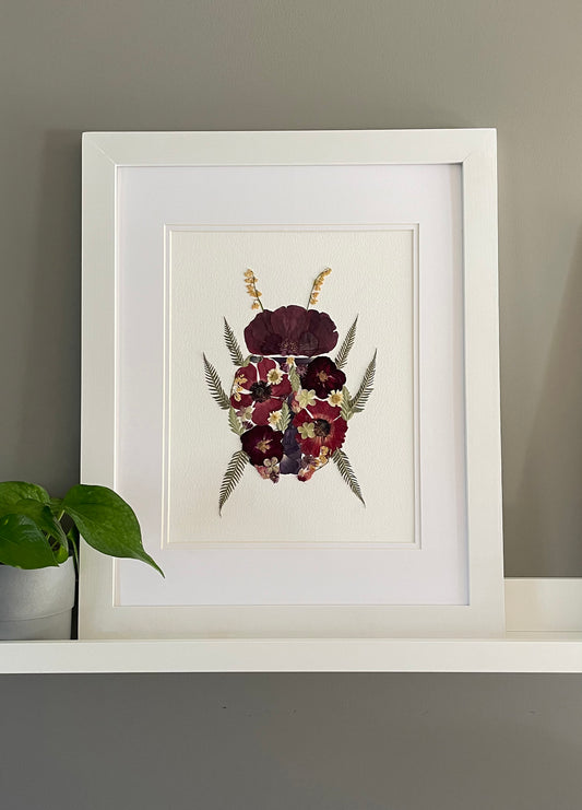 Ladybug, Pressed Flower Original Artwork- 10x13" Framed