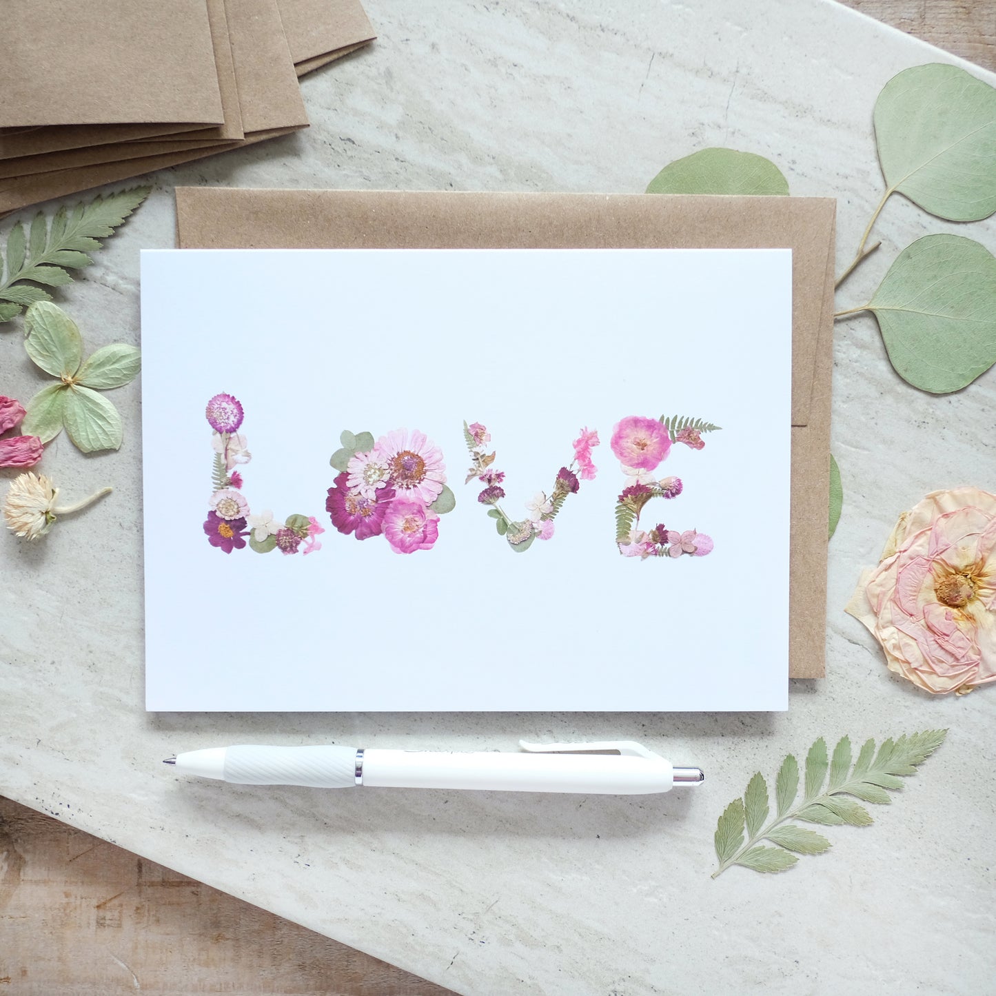 LOVE Pink Pressed Flower, Valentines Day Card