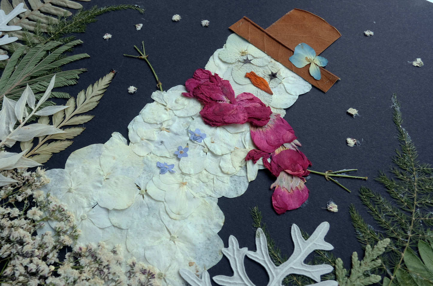 Snowman Scenery- Original Pressed Flower Artwork 8x10"