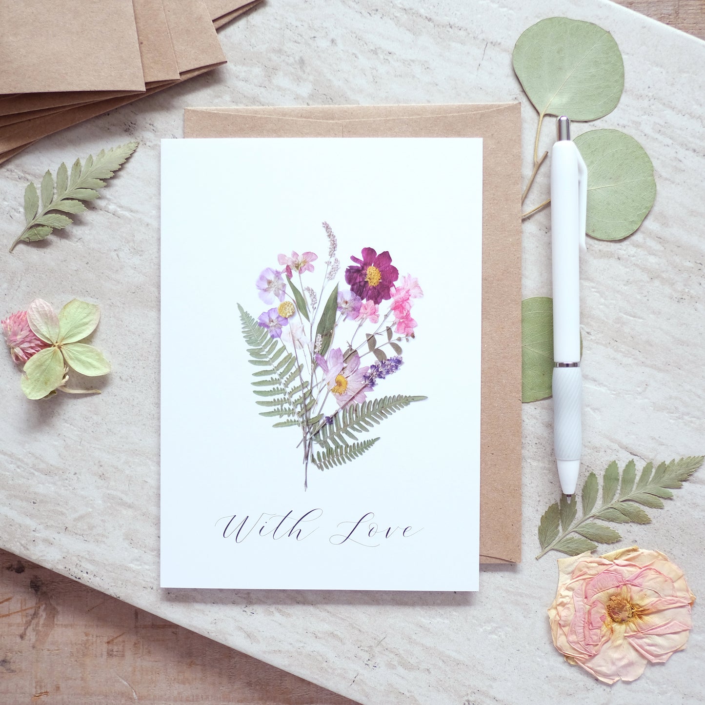 With Love, Pressed Floral Bouquet Card