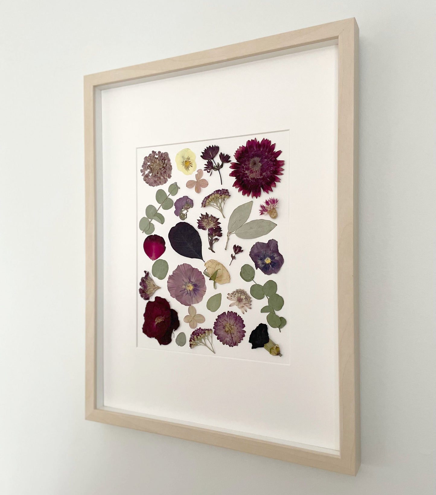 Floral Collage, Reds & Purples, White background, Original Pressed Flower 7.5x9.5"