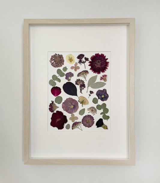 Floral Collage, Reds & Purples, White background, Original Pressed Flower 7.5x9.5"