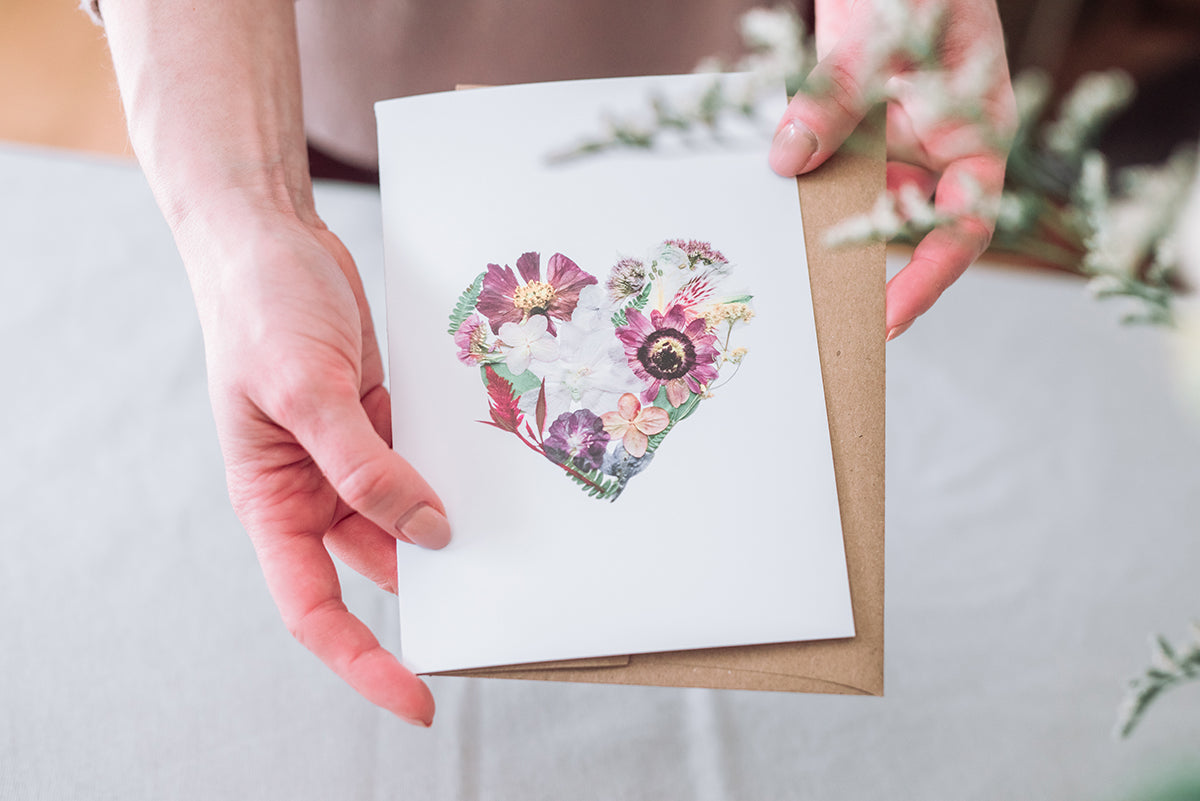 pressed flower heart card 