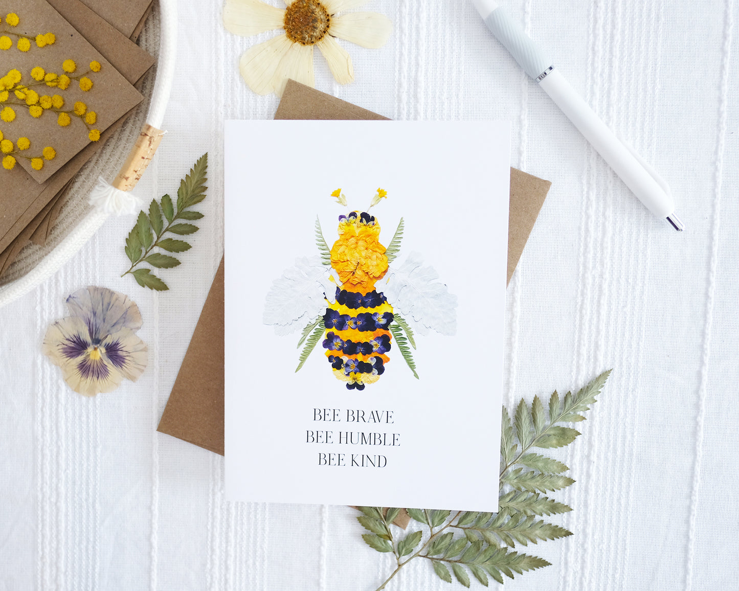 bee brave bee humbe bee kind pressed flower bee card