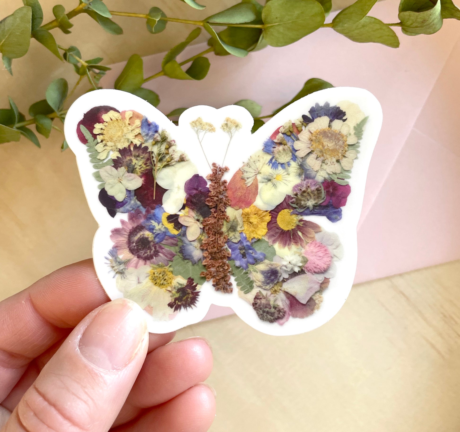sticker of floral butterfly made with dried pressed flowers, butterfly shape sticker, pretty butterfly sticker