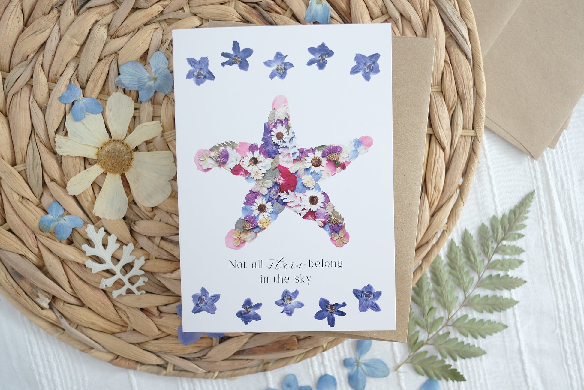 pressed flower starfish, not all stars belong in the sky card for birthday or any occassion