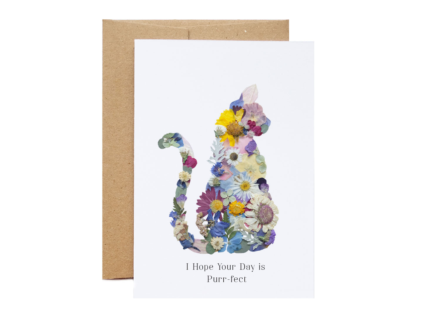 pressed flower cat lover card, i hope your day is purr-fect