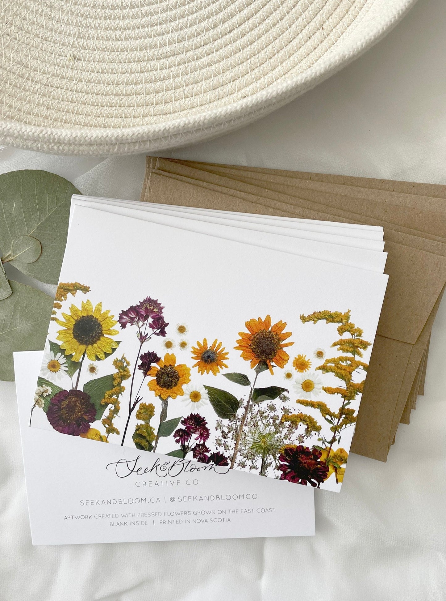 note cards with natural pressed sunflowers in fall cololours