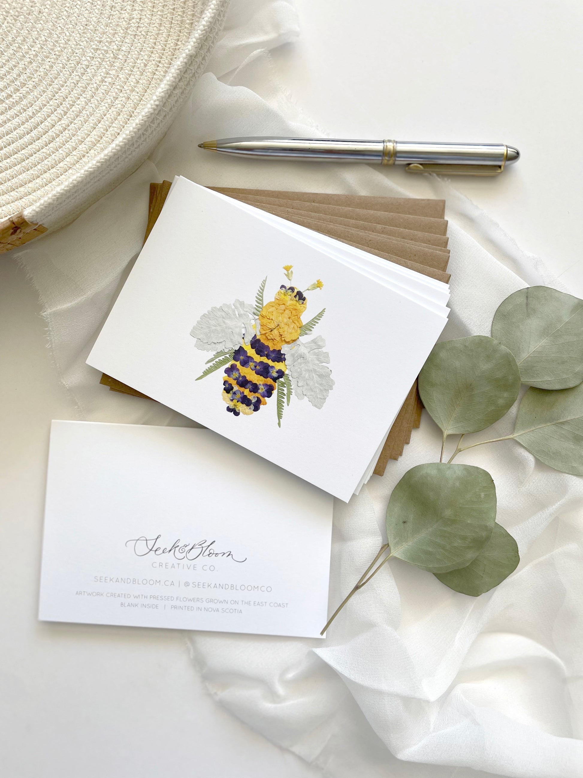 bee themed note card set with artistic bee made from pressed flowers and greenery