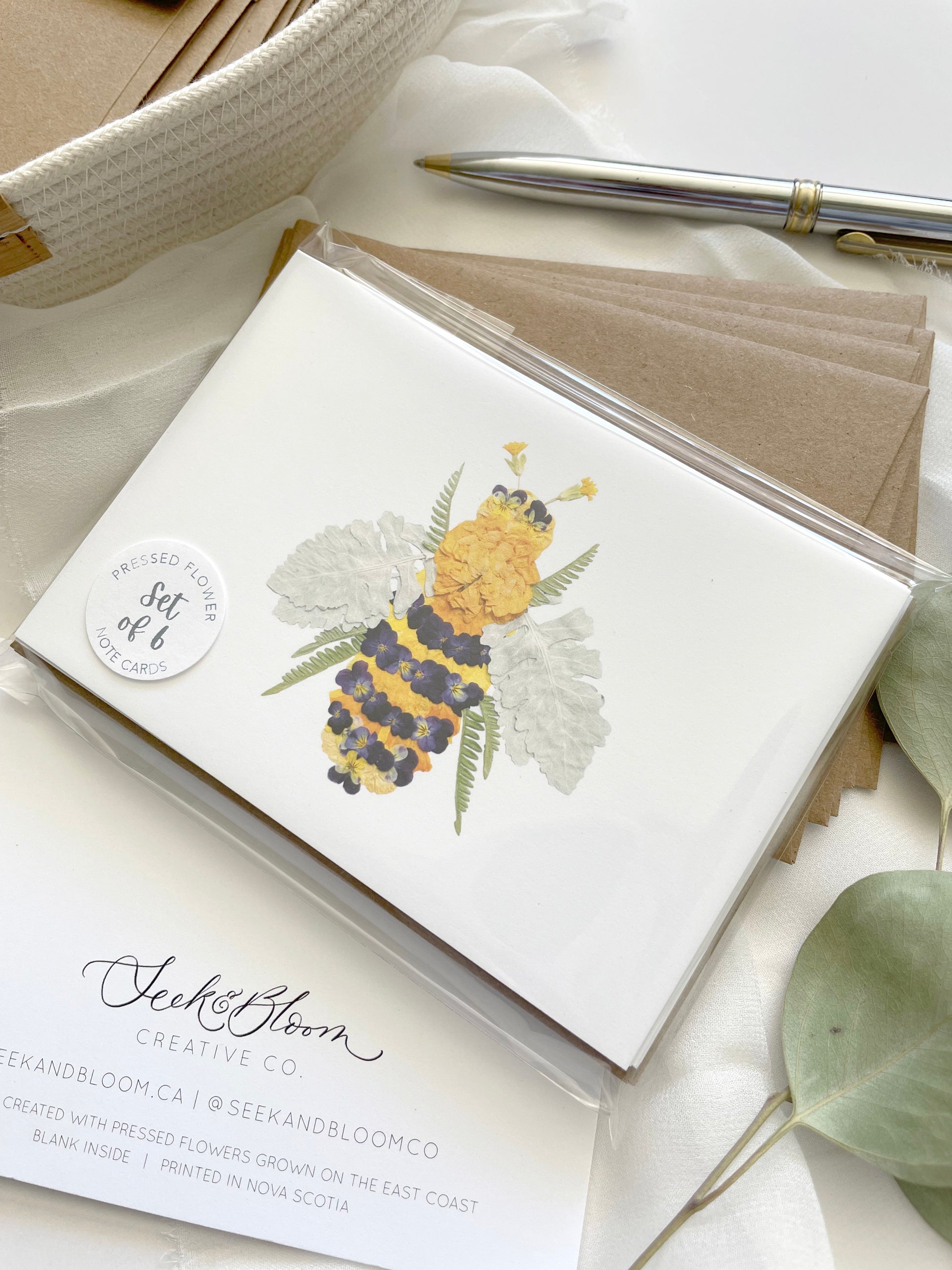 bee themed note card set with artistic bee made from pressed flowers and greenery