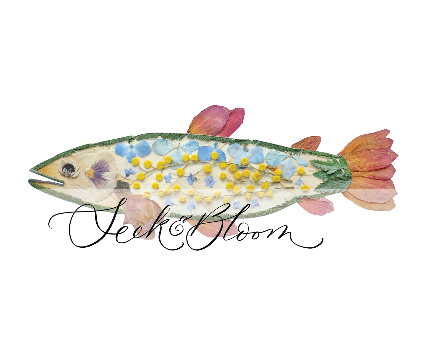 Pretty Trout Fish Artwork made with orange, blue, yellow flowers and greenery.