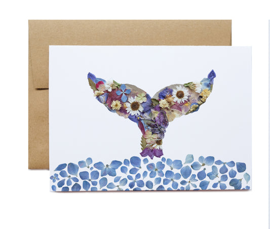 Cute Pressed flower whale tail in the ocean, everyday blank greeting card perfect for any occasion.