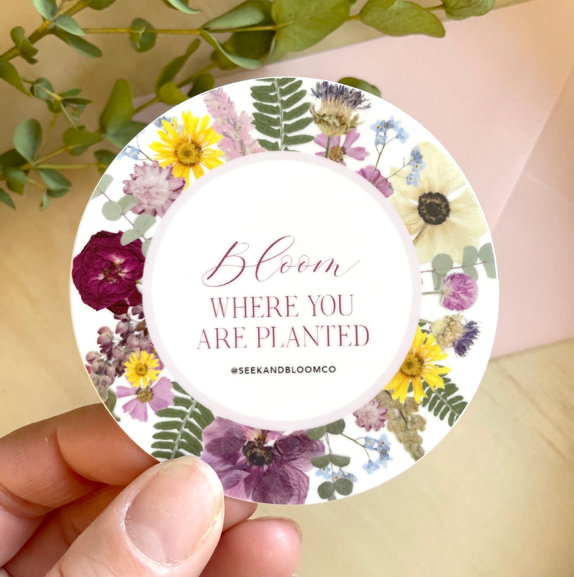 circle shaped sticker flower quote bloom where you are planed with colorful pressed flowers, 