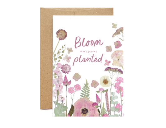 bloom where you are planted greeting card with pink natural pressed flowers