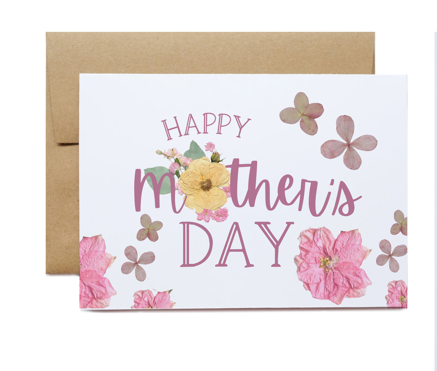 cute happy mother's day card with pink pressed flowers