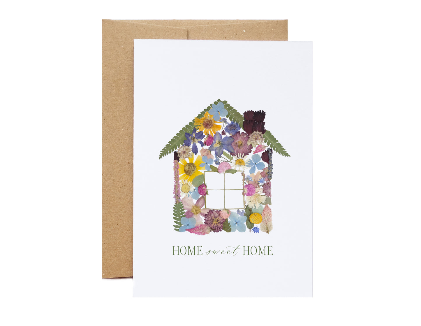 home sweet home card, cute house artwork, designed with pressed flowers