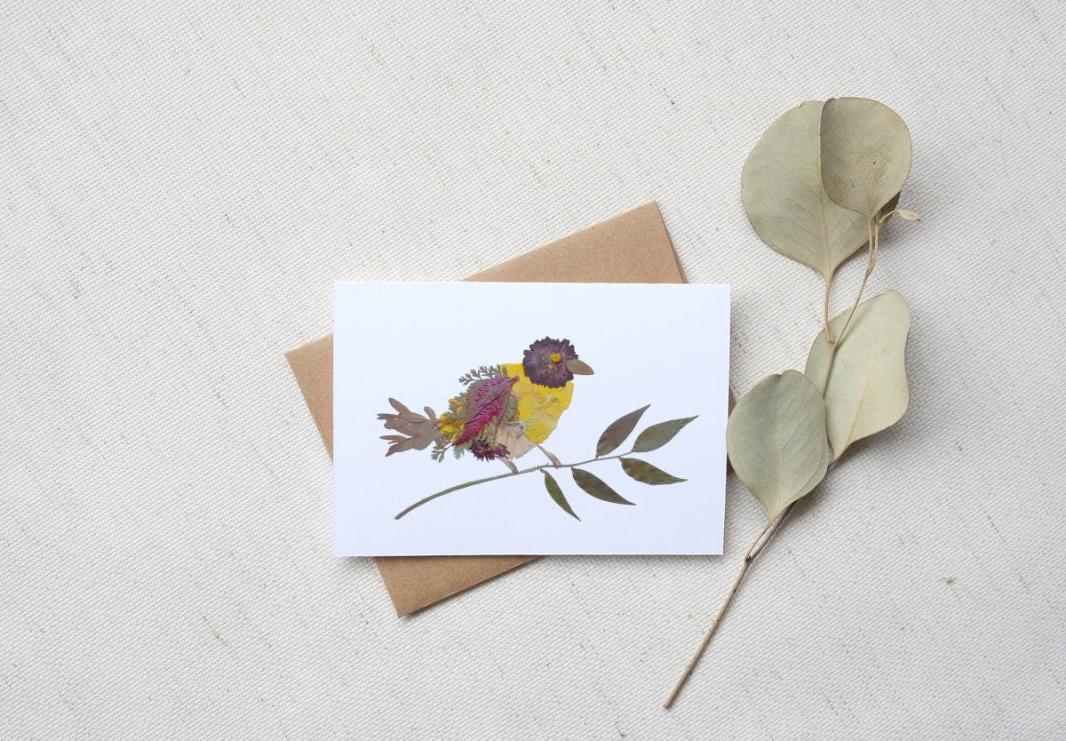 Bird Yellow Pressed Flower, Note Card Set