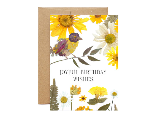 joyful birthday wishes card with yellow flowers and yellow bird artwork made with pressed flower art