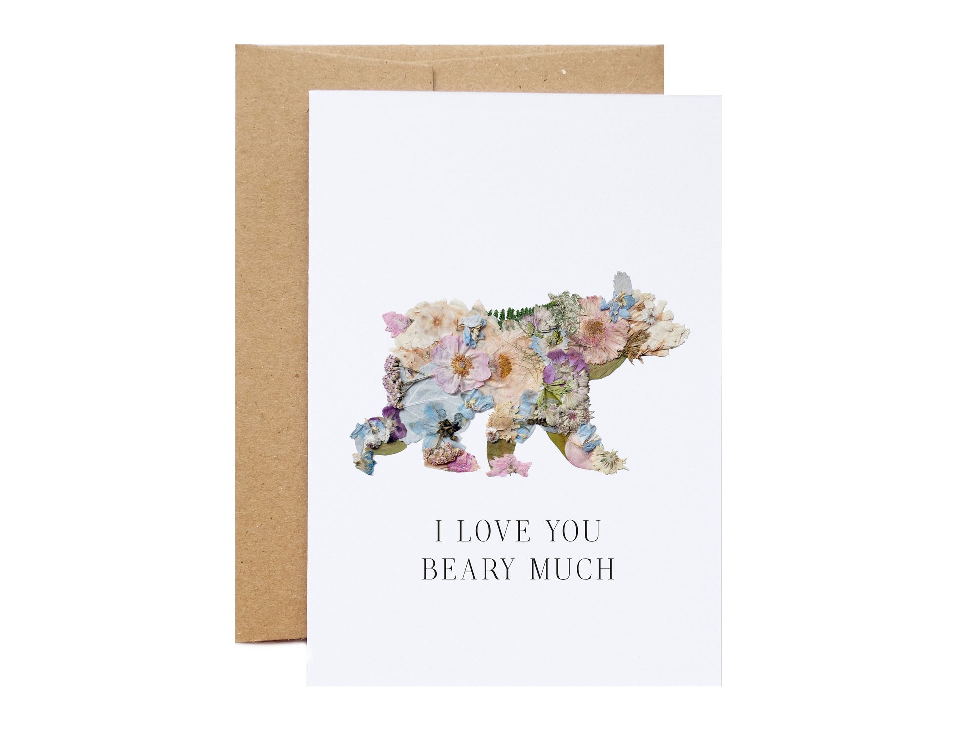 i love you beary much card with pressed flower bear in pink blue and green flowers
