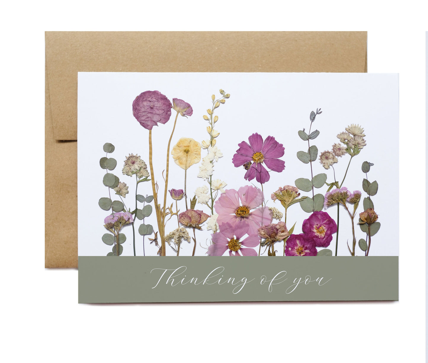 pressed flower thinking of you card natural design pink and purple flowers and greenery