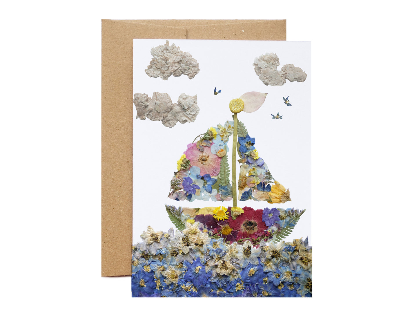 nautical sailboat art card made with pressed flower artwork